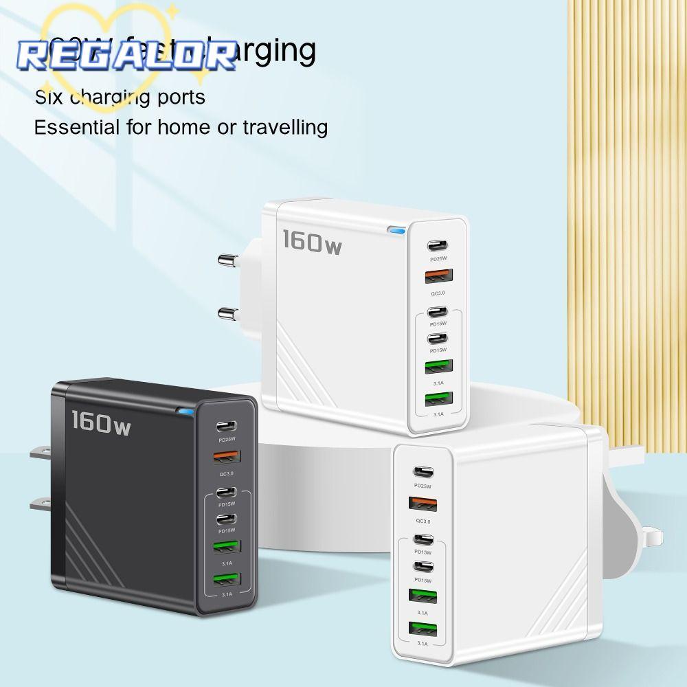 REGALOR0G 160W ปลั๊กชาร์จ, พร้อมอะแดปเตอร์ชาร์จโทรศัพท์ LED USB A+C, EU/US/UK PD QC3.0 Fast Charging