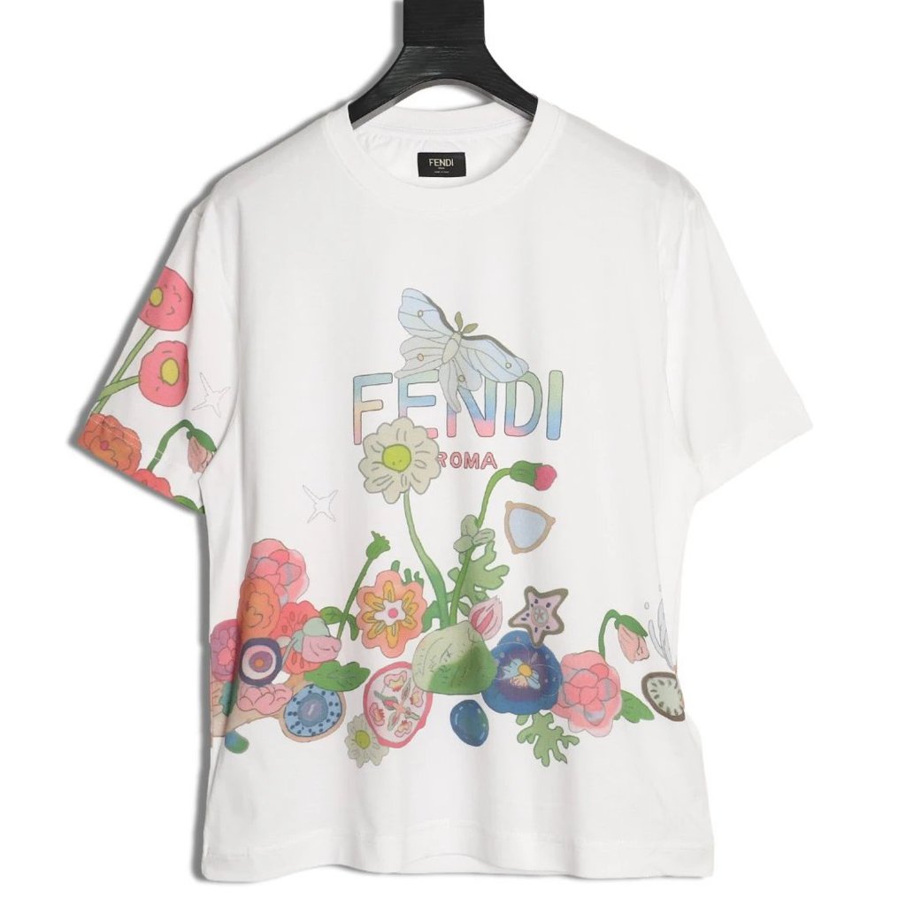 FENDI เสื้อยืดแขนสั้น พิมพ์ลายบล็อกสี