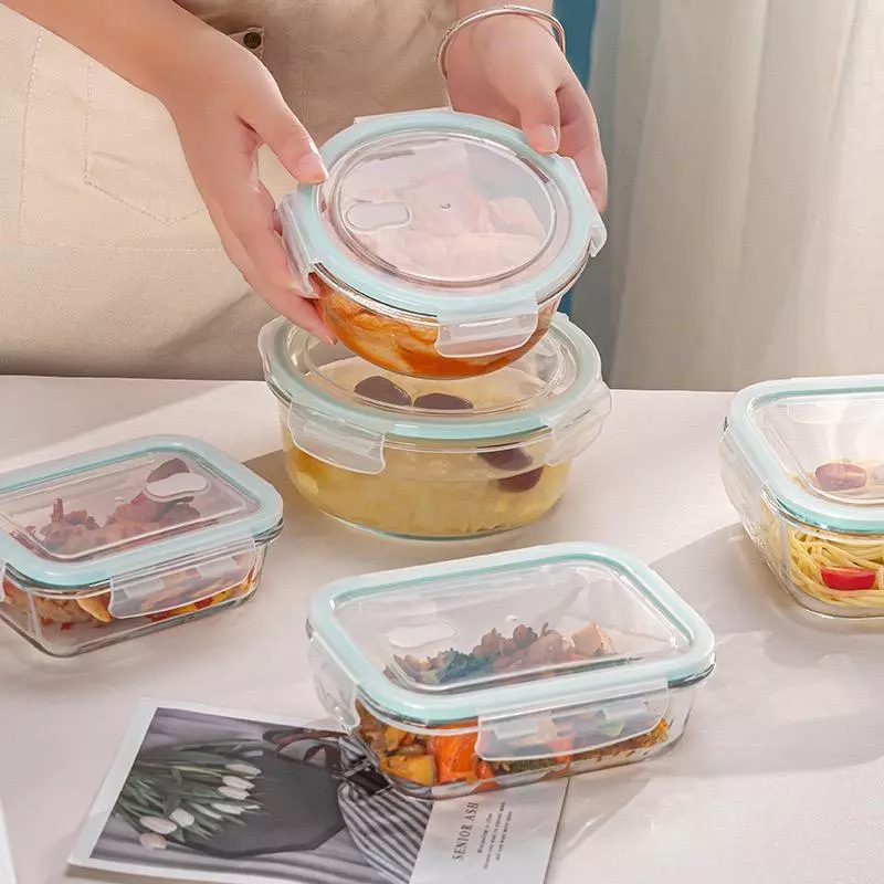 กล่องใส่อาหารแก้ว ป้องกันแบคทีเรีย ปราศจาก BPA ปลอดภัยสำหรับไมโครเวฟ/เตาอบ กล่องข้าว กล่องใส่อาหาร ฝาใสสีฟ้า กล่อง
