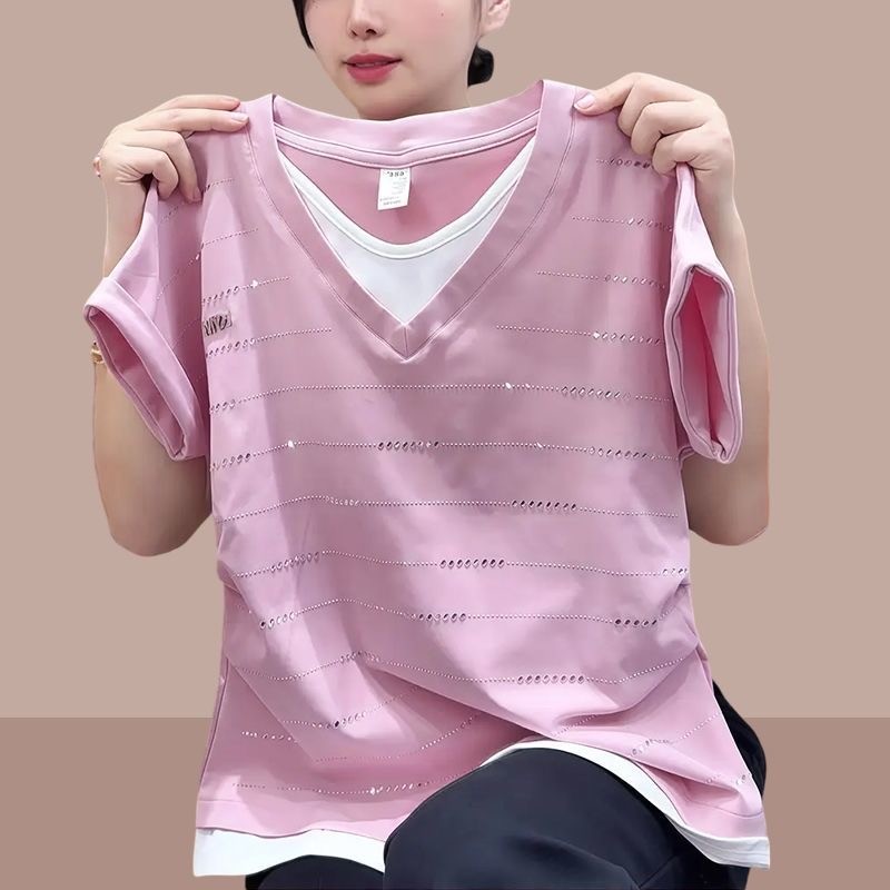ฤดูร้อน Influencer แฟชั่น Fried Street ผู้หญิงปลอมสองชิ้นแขนสั้นผู้หญิงเสื้อยืดออกแบบ Slimmer ดูปก Belly
