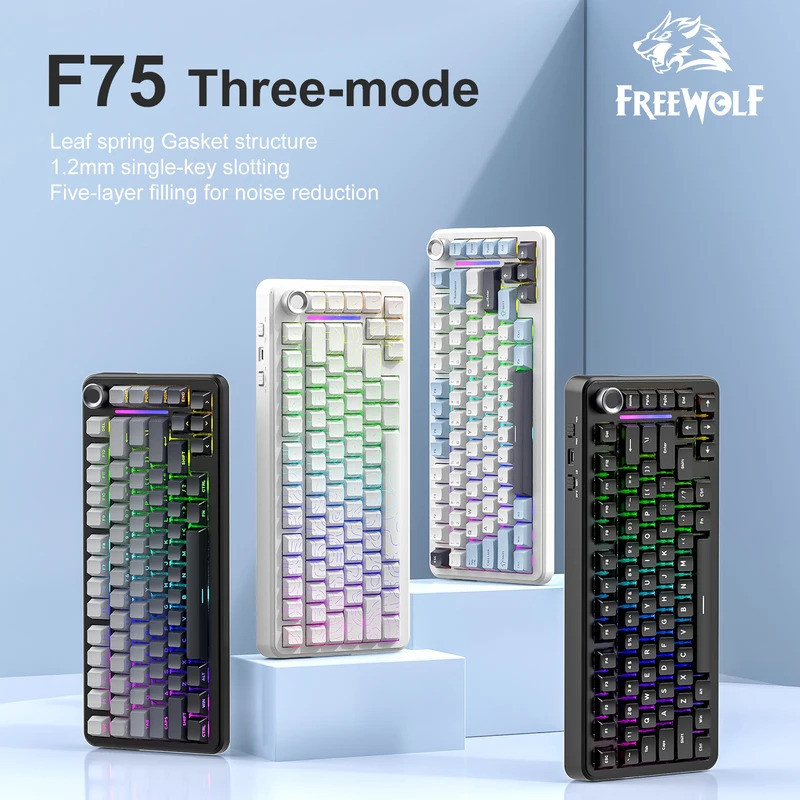 FREEWOLF และ Aula F75 Mechanical Keyboard, พร้อมลูกบิดโลหะ, 4000mAh, RGB, สามโหมด AULAF75 คีย์บอร์ดร