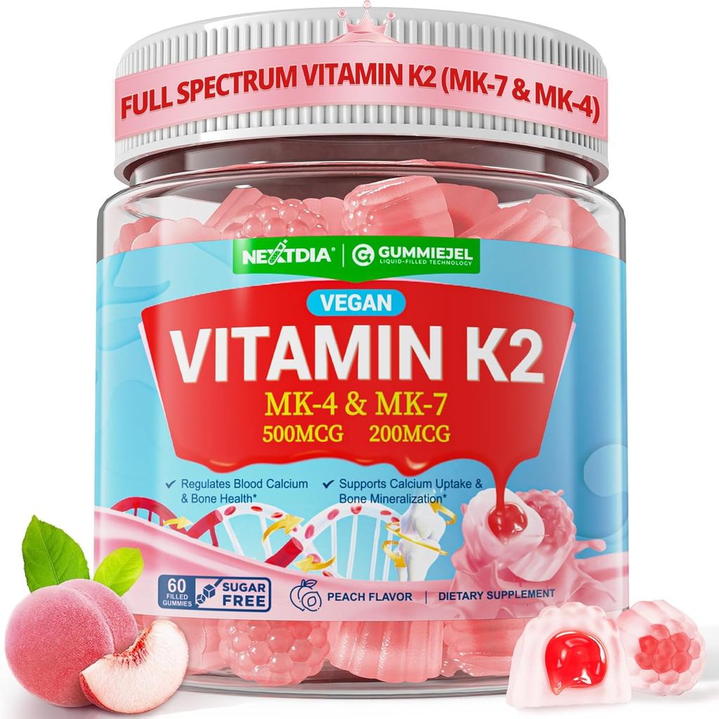 วิตามิน K2 Gummies MK-7 200 mcg & MK-4 500 mcg สําหรับผู้หญิงและผู้ชายปราศจากน้ําตาล, Perfect 2-IN-1