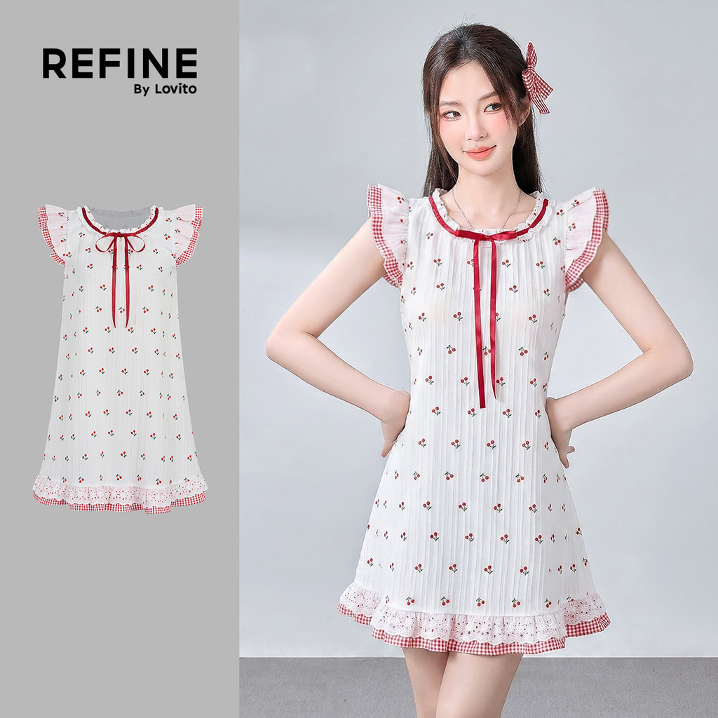 (Refine by Lovito) เดรสผู้หญิงสีแดงน่ารักโบว์ลายผ้า สําหรับฤดูใบไม้ผลิ/ฤดูร้อน LR35A206