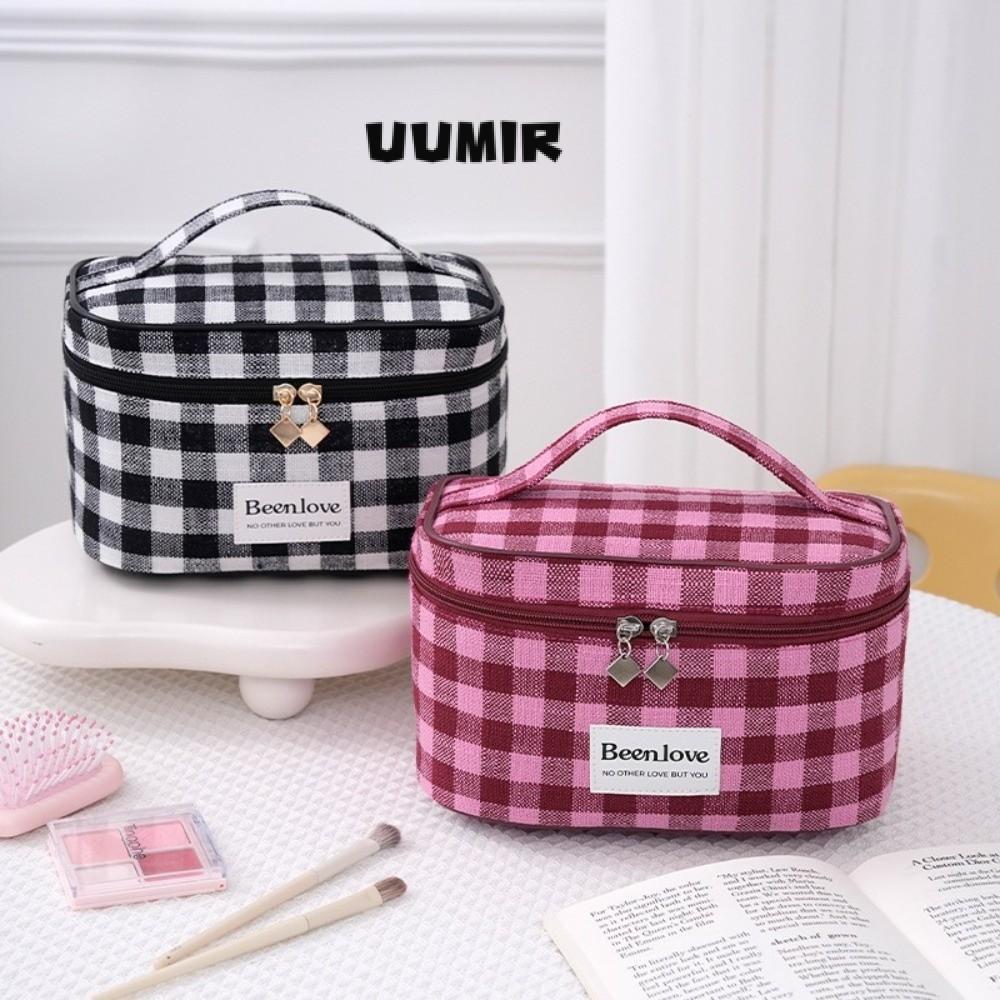 UUMIR กระเป๋าแต่งหน้า,พร้อมกระเป๋าเครื่องสําอางผู้หญิงลายสก๊อตซิปคู่, กระเป๋าใส่อุปกรณ์อาบน้ําสําหรับเดินทางน้ําหนักเบาแบบมือถือความจุขนาดใหญ่