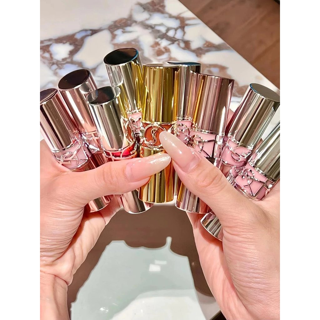 YSL Saint Laurent สินค้าใหม่สีชมพู Round Tube ลิปสติก Powder Silver Tube Lip Balm 7B Natural Color 5