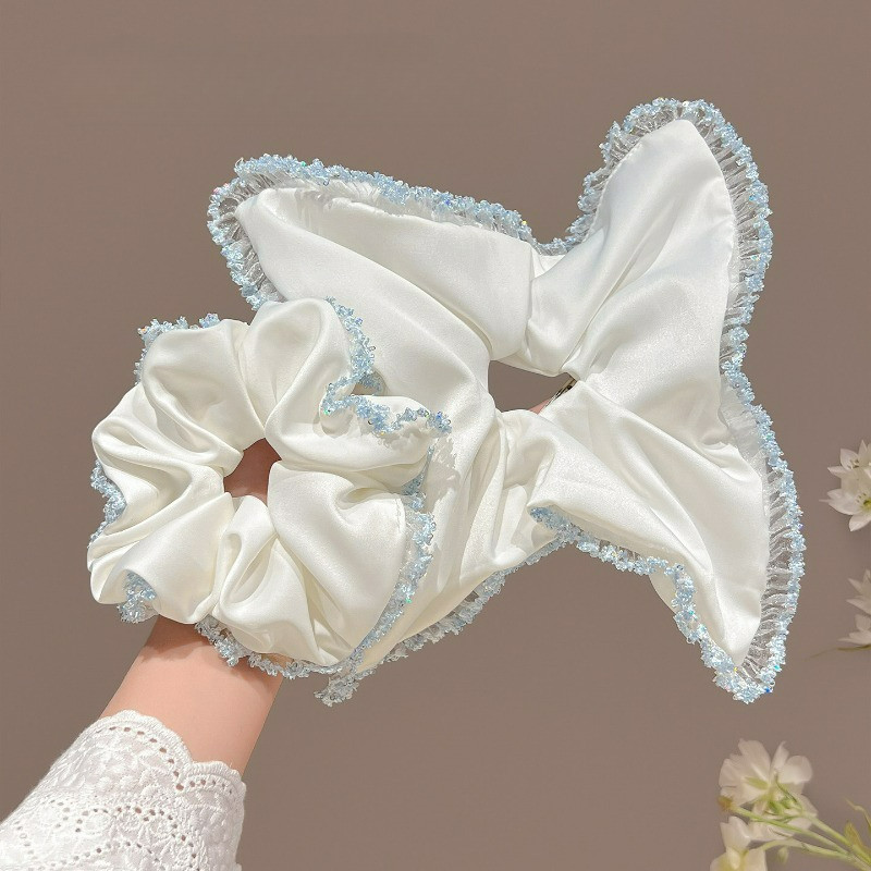 ขอบสีน้ําเงินพร้อมผ้าพันคอสี่เหลี่ยมสีขาว Scrunchie เชือกผูกผมขนาดใหญ่เครื่องประดับผม