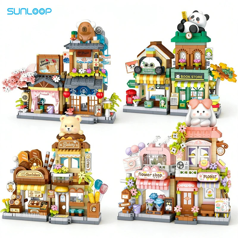 พับ Street View Series Capybara House Panda Book Shop แม่พิมพ์บล็อก Building Blocks Mini City Shop อ