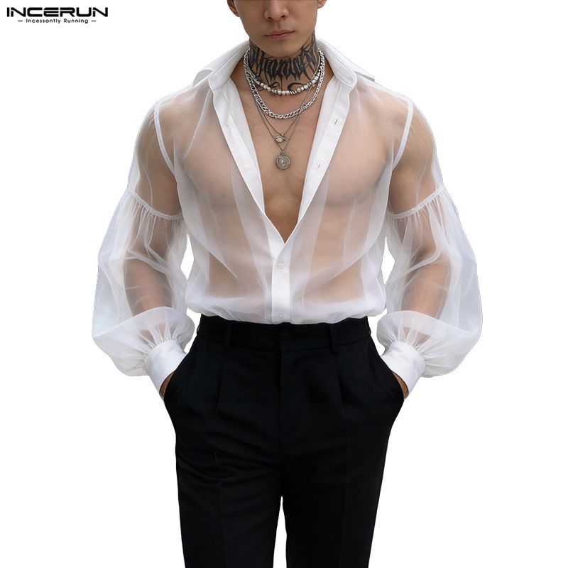 ไม่แน่นอน เสื้อเชิ้ตสีใสทรงหลวมมุมมองสําหรับผู้ชาย
