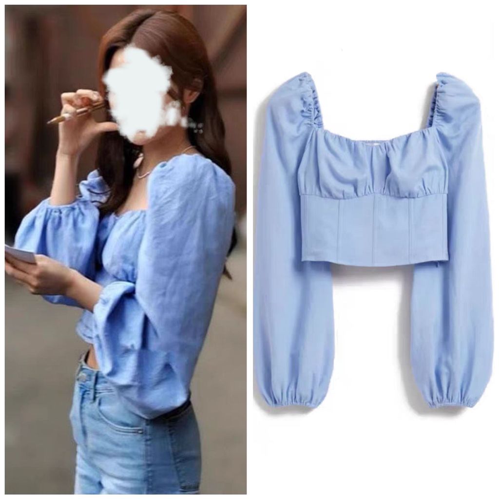 เสื้อ Blue Vintage Puff Sleeve French Retro Crop Nique Elegant Celebrity Same Style