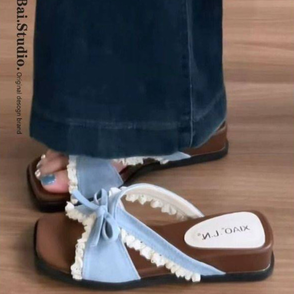 Outdoor Slippers Bow Lace Soft Bottom Non-Slip Wedge All-Matching xljR