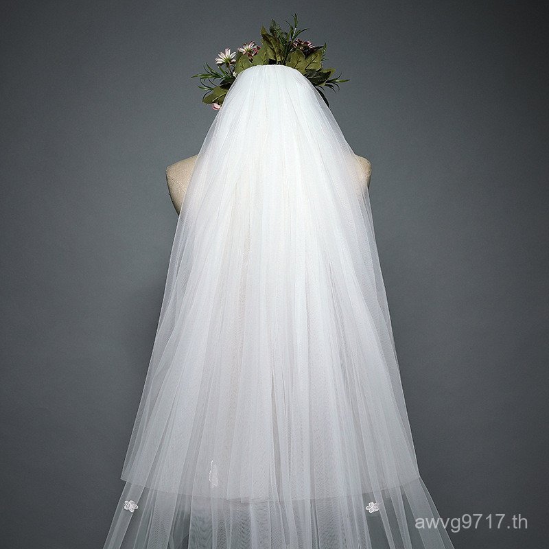 ชุดแต่งงานยุโรปอเมริกันเจ้าสาว Double-Layer Veil Trailing Veil พร้อม Photo Veil 3m Photo Studio สีขา
