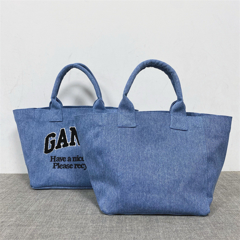 GANNI ผ้าขนหนูปัก Distressed Blue Canvas Bag Casual Shopping Bag tote Bag