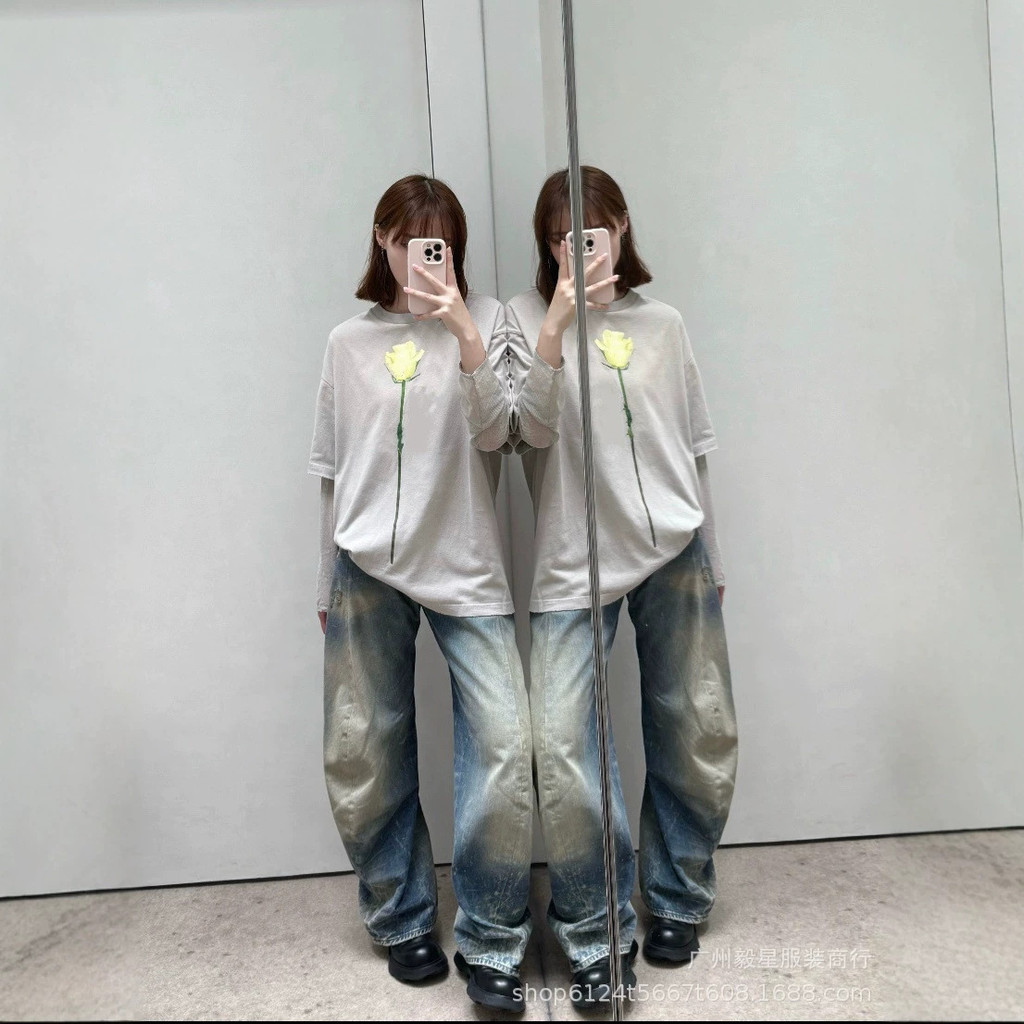 1:1！Original Standard Real Shot Heavy 400g AC Street สวมใส่ 26ss สีเหลือง Rose พิมพ์รอบคอแขนสั้น OS 