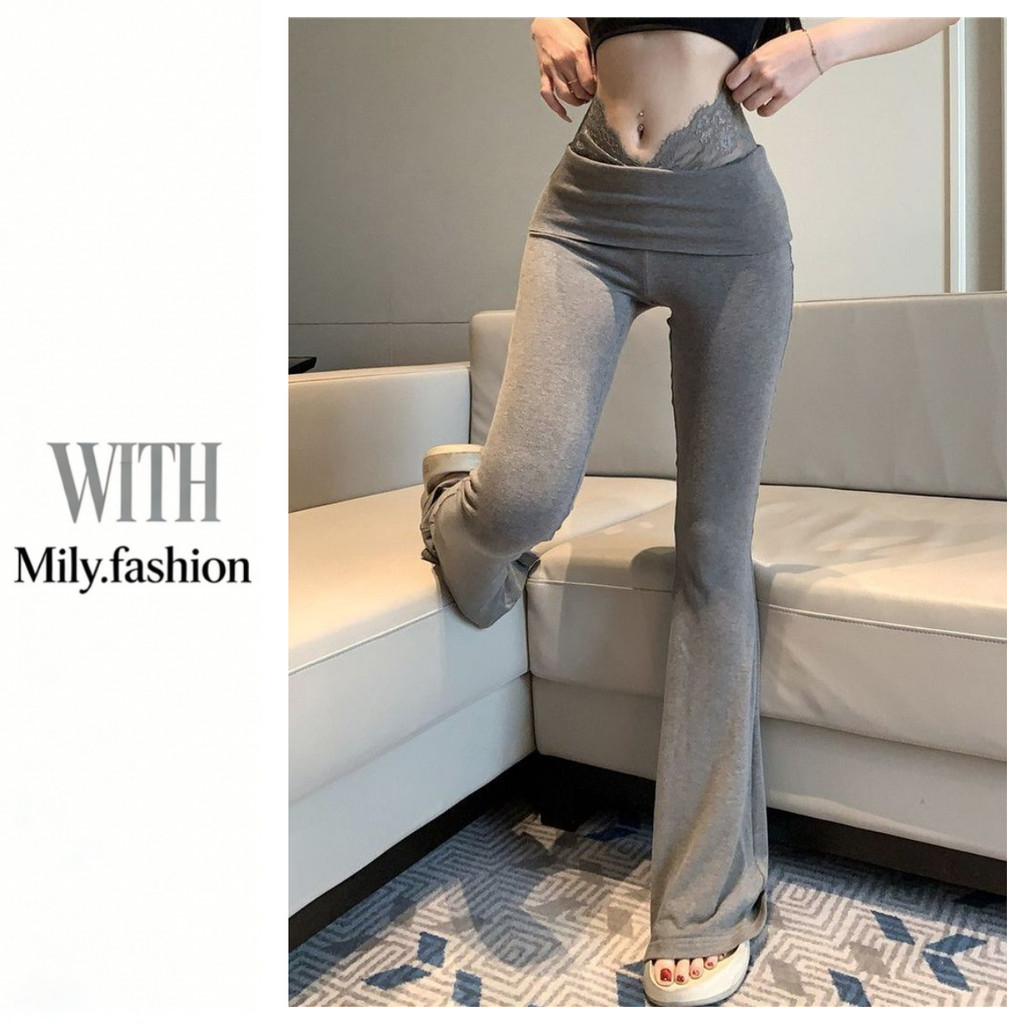 Milyfashion ใหม่สไตล์เอวสูงสลิมฟิตผ้าม่านบานกางเกงลําลองกางเกงลูกไม้เย็บเซ็กซี่
