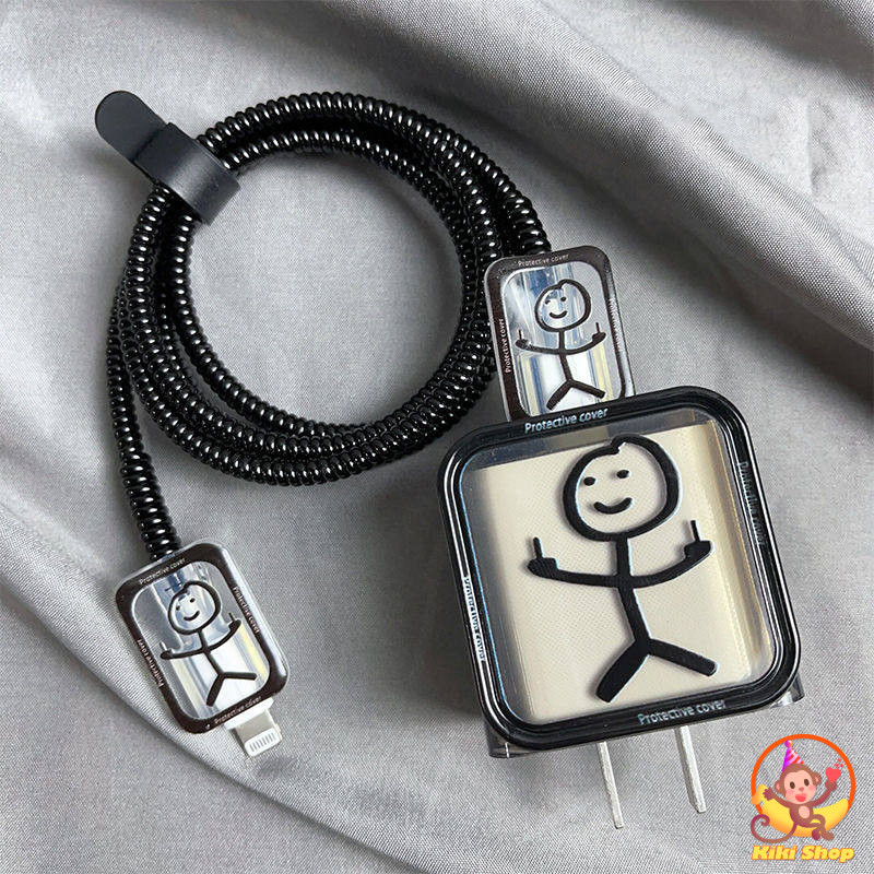 Black Line Art Emoji Charger Case สําหรับ 18/20W Laser Cable Winder Wire Protectors