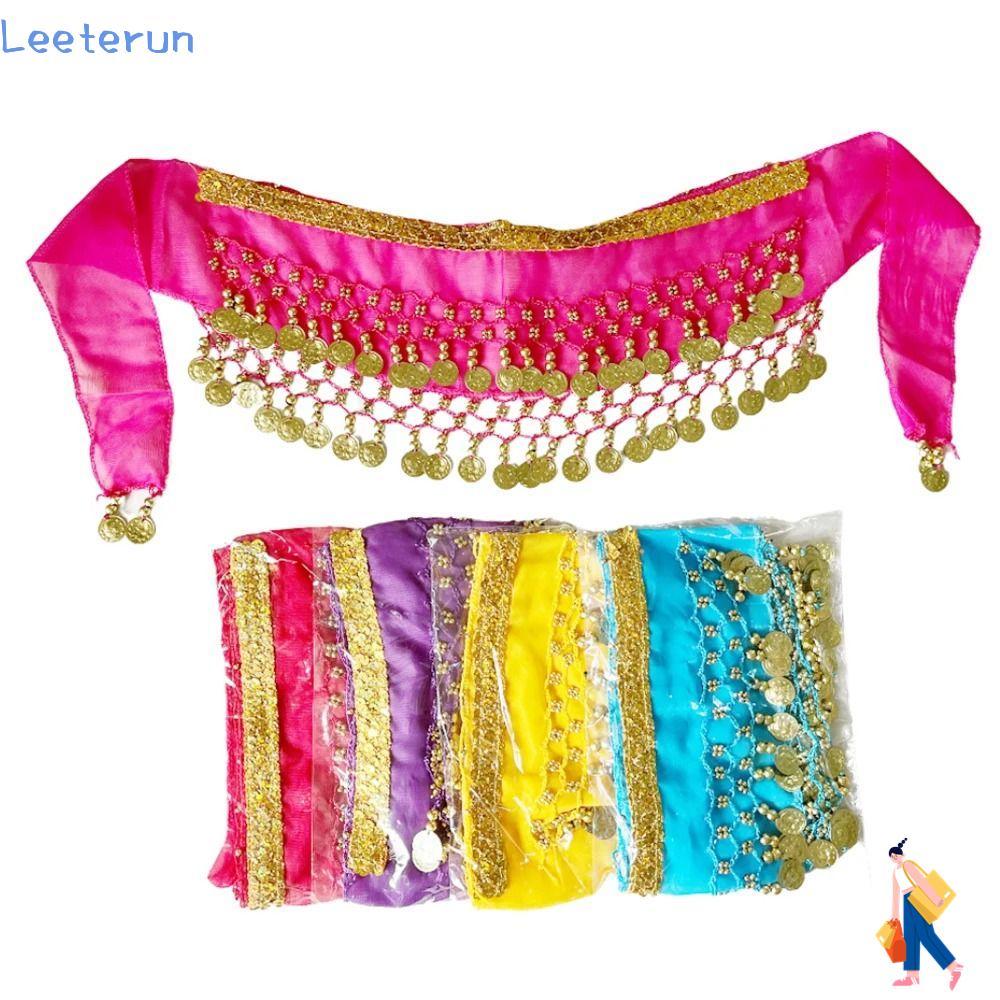 LEETERUN เข็มขัดเอวชีฟองอินเดีย สำหรับการเต้นรำ belly dance มีโซ่และเหรียญโลหะ
