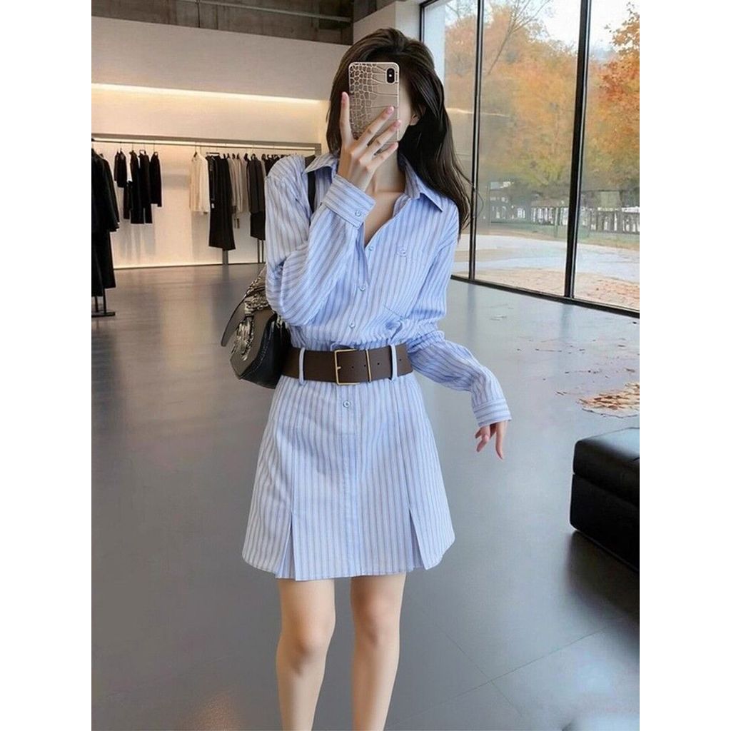 ฝรั่งเศสElegant Blue Stripedเสื้อแขนยาวผู้หญิงฤดูใบไม้ผลิสไตล์ใหม่Niche Chicสวมใส่All-Matchกระโปรง
