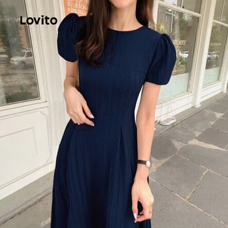 Lovito สง่างาม ชุดเดรสดีไซน์หรูหราโครงสร้างผ้าเจาะการ์ด จัคการ์ด สำหรับฤดูใบไม้ผลิ/ฤดูร้อน สีน้ำเงินกรม(กรมท่า) L149LD099
