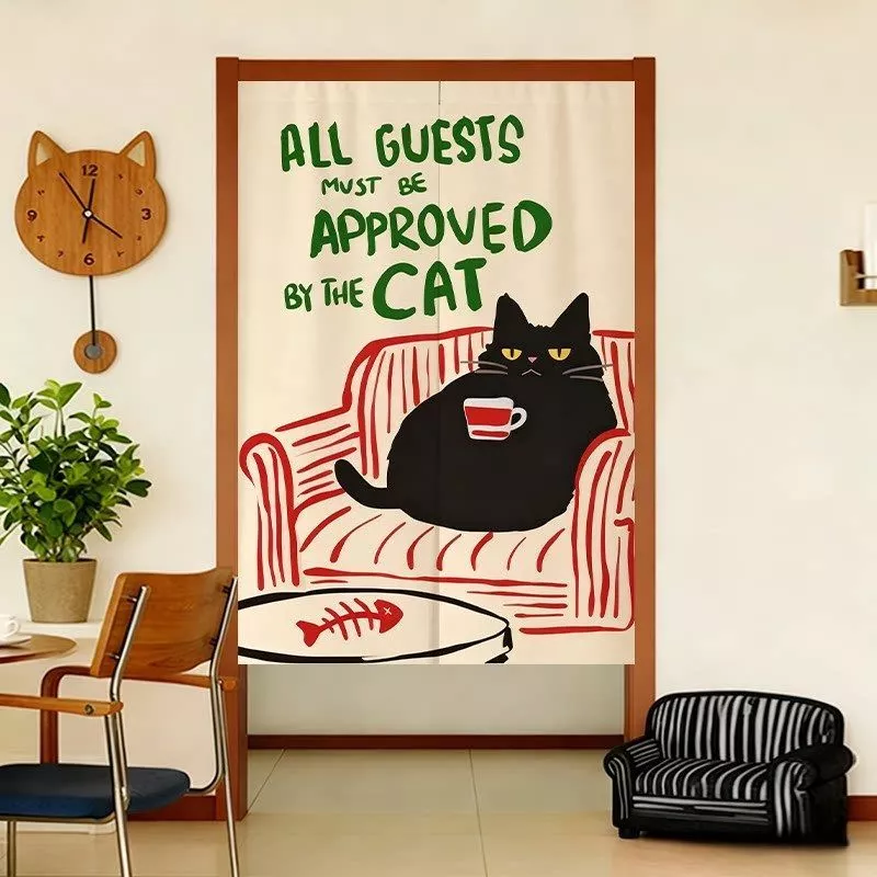 อารมณ์ขัน Cat Themed Noren Curtain, Vintage Black Cat ผ้าครึ่งผ้าม่านสําหรับ Cafe/Shop, Pet Lover Room Divider