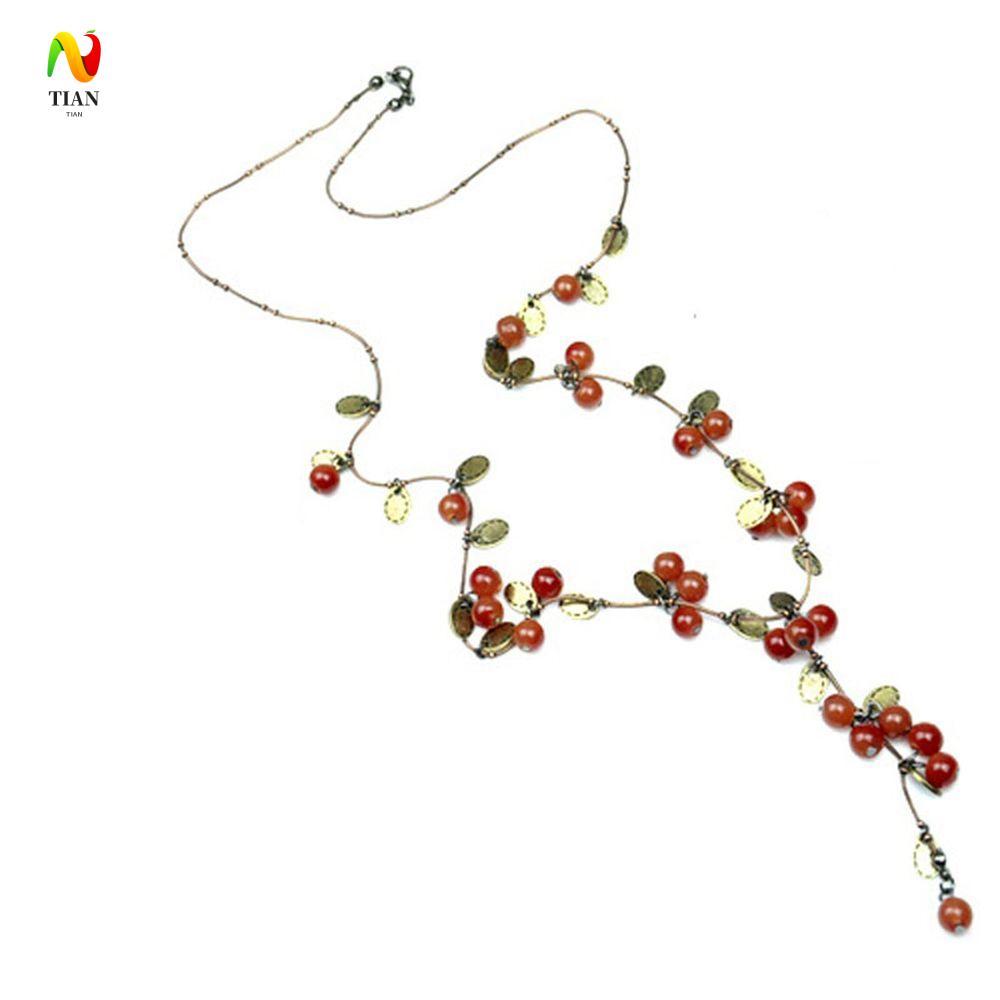INQUIRY IMPACT ผู้หญิงสร้อยคอเครื่องประดับอุปกรณ์เสริมจี้ Vine Choker ลูกปัดสีแดง Cherries