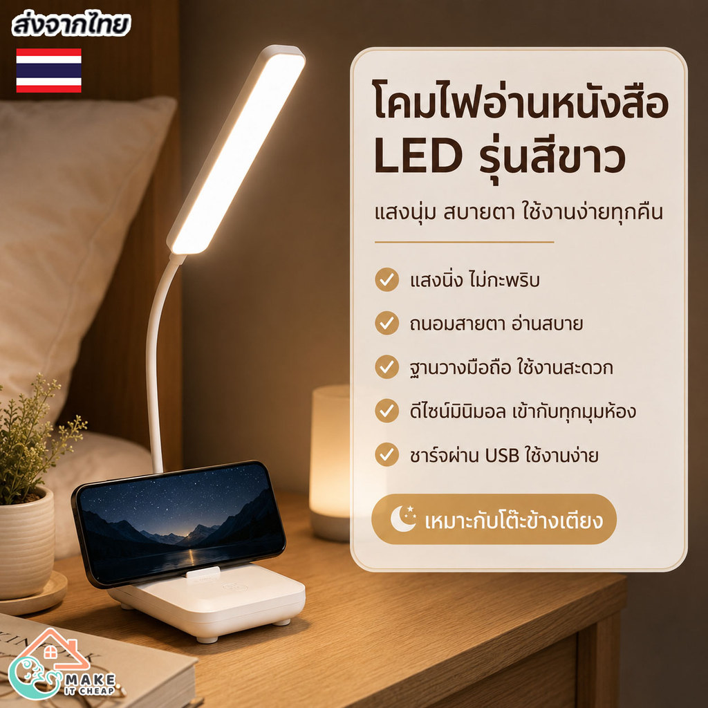 โคมไฟอ่านหนังสือ LED คลิปหนีบโต๊ะ หมุนได้ 360° คอยืดหยุ่น ปรับแสง 3 โหมด USB ใช้งานง่าย