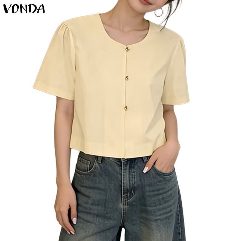 Vonda เสื้อแขนสั้นผู้หญิง สไตล์เกาหลี ทอแข็งแรง มีกระดุมรอบคอด้านหน้า ส่วนย่น ทรงเอช สบาย ๆ