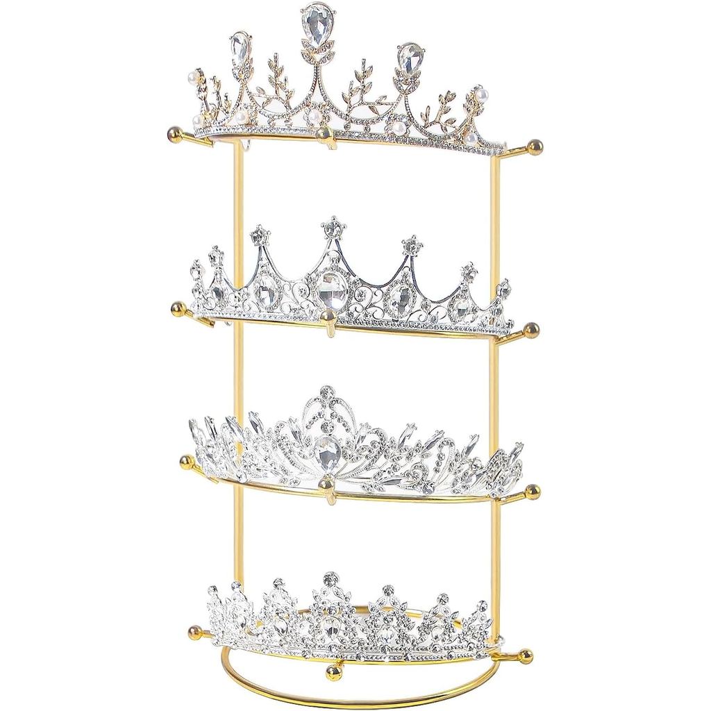 Byken 4 Tier Crown Holder,Tiara Organizer,.ขาตั้งจอแสดงผลผ้าโพกศีรษะเจ้าสาวสีทองสําหรับขาย,ที่คาดผมห
