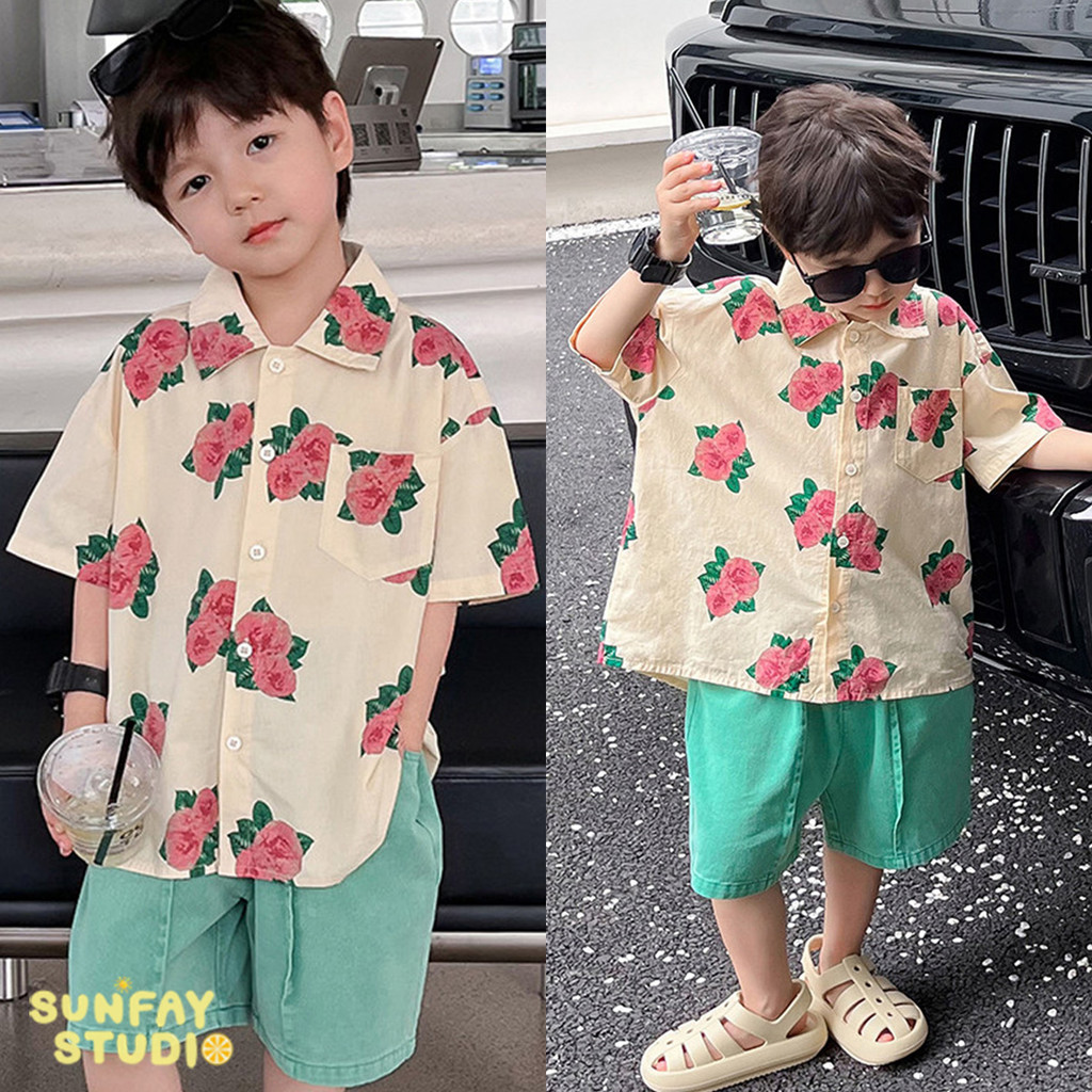 เสื้อเชิ้ตเด็กชาย ลายดอก แขนสั้น ผ้าฝ้ายใส่สบาย เสื้อแฟชั่นฤดูร้อน
