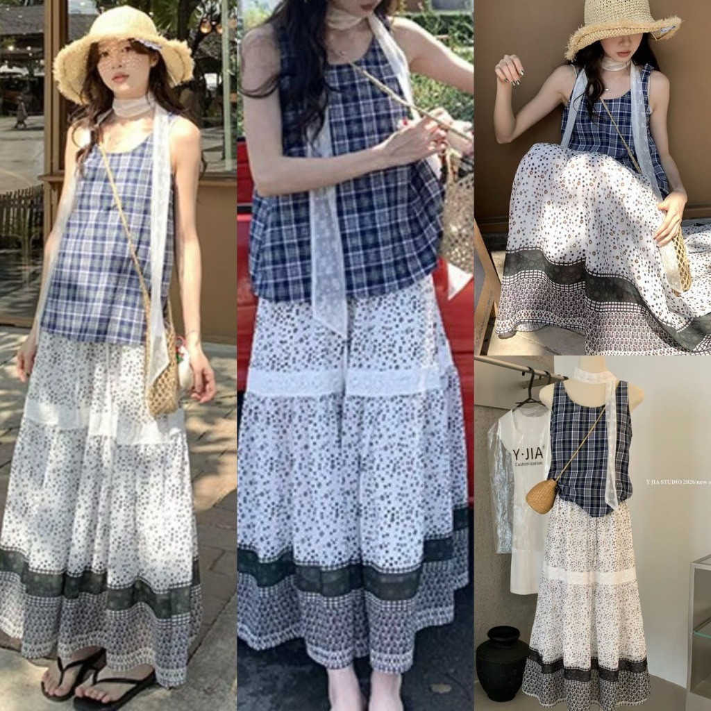 ❤ 🧵 🇰🇷 Y9991 เซ็ท 2 ชิ้น เสื้อกล้ามลายสก็อต (มาพร้อมผ้าพันคอลูกไม้) + กระโปรงยาวบานลายดอกไม้ แฟชั่นเกาหลี TAG Yjia 🧡