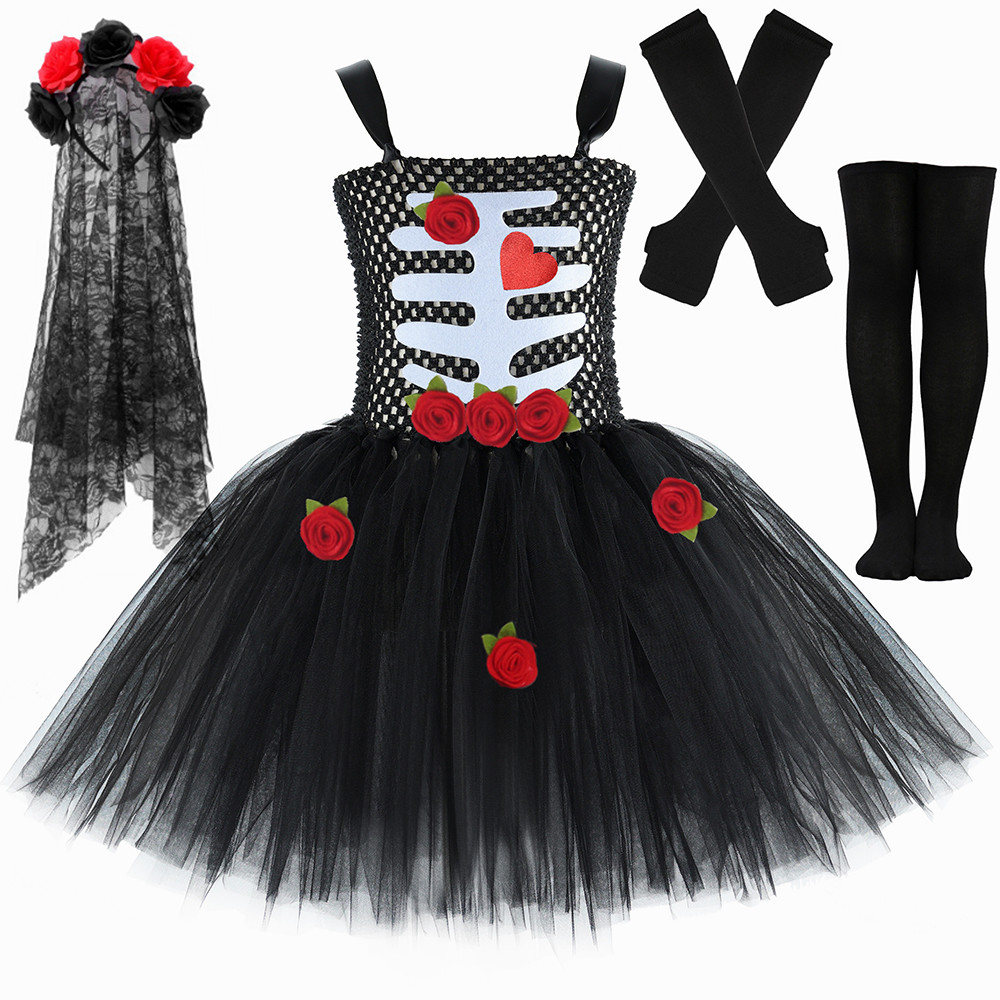 ชุดแต่งตัวฮาโลวีนเจ้าสาวโครงกระดูก แบบ zombie กับ tutu ดอกไม้ สำหรับเด็กในวันตาย