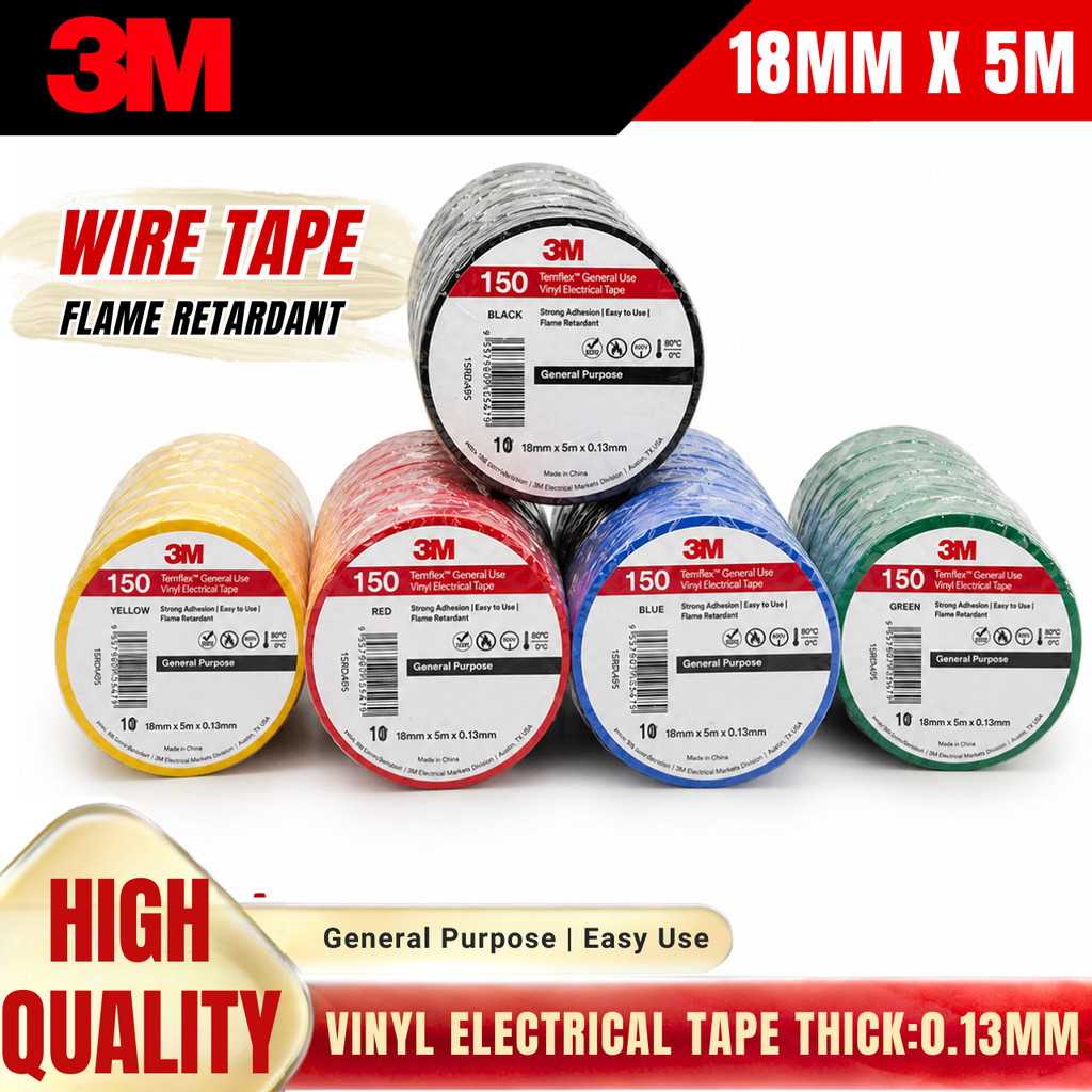 (10 ชิ้น/1 ม้วน) 3M Temflex 150 เทปฉนวนไฟฟ้า 180 มม. x 5 ม. เทปลวด Electic ไวนิล