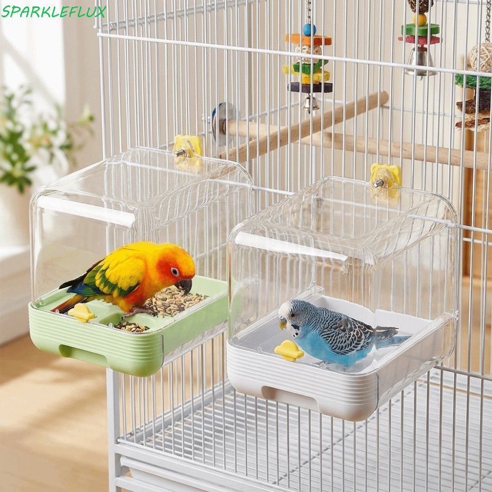 SPARKLEFLUX อ่างอาบน้ํานกแก้ว 2-in-1, อ่างอาบน้ํา Parakeet ประหยัดพื้นที่โปร่งใส, ลิ้นชักด้านล่างอเนกประสงค์พร้อมกล่องอาหารป้องกันการกระเซ็นกรงนกสําหรับในร่ม
