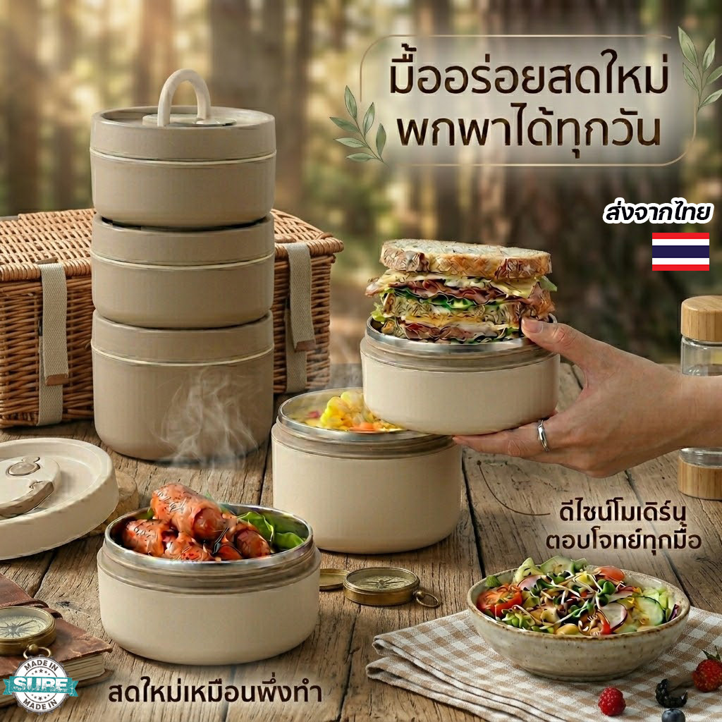 ปิ่นโต 3 ชั้น สแตนเลส 316 เก็บความร้อนได้นาน BPA Free ปลอดภัย ไม่ขึ้นสนิม เข้าไมโครเวฟได้ พกพาสะดวก