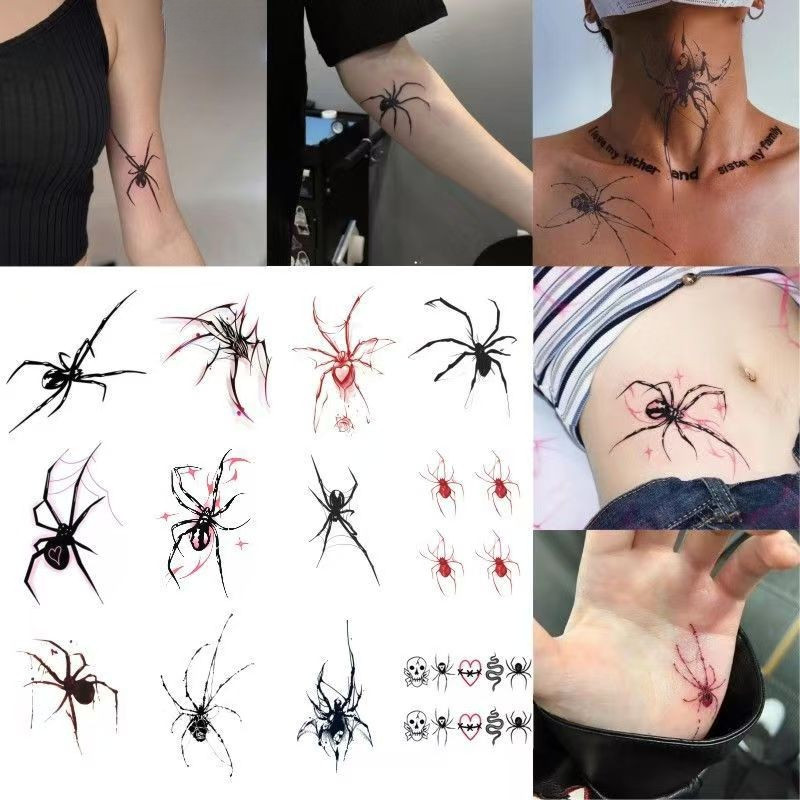 ZJ HOME สติกเกอร์รอยสักชั่วคราว ลายแมงมุม สีดํา กันน้ํา 15 วัน