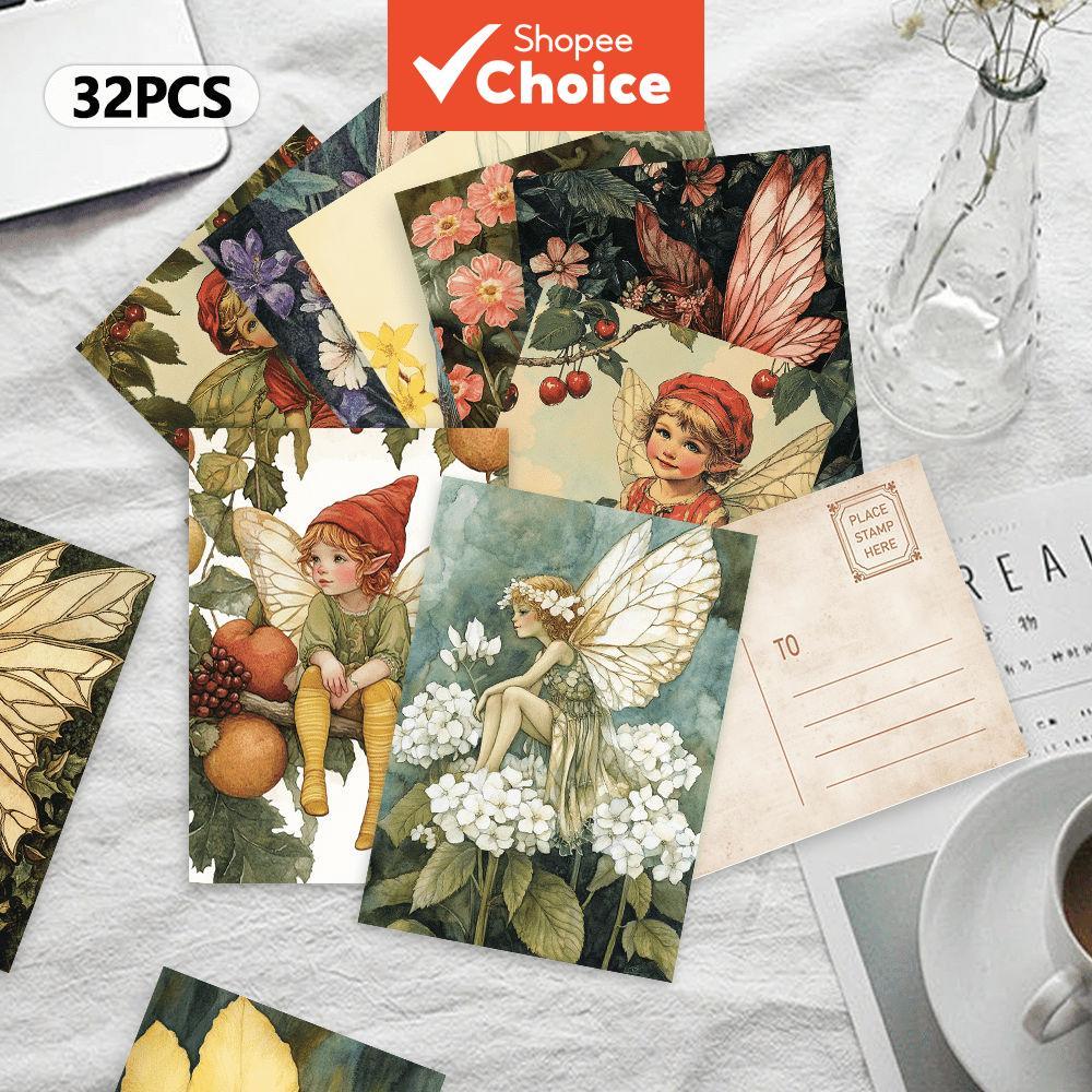 Vintage 32 ชิ้น Pastoral Fairy-themed Pattern โปสการ์ด, การ์ดสต็อกหนา, การพิมพ์ความละเอียดสูง, สติ๊กเกอร์ตกแต่ง, ของที่ระลึก, สามารถเก็บและไปรษณีย์ได้