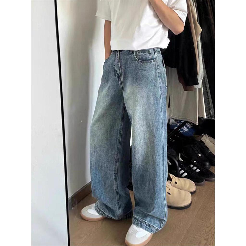American Retro Washed Blue Straight Jeans Men Street Wear cleanfit Loose Lazy Wide-Leg Casual Pants