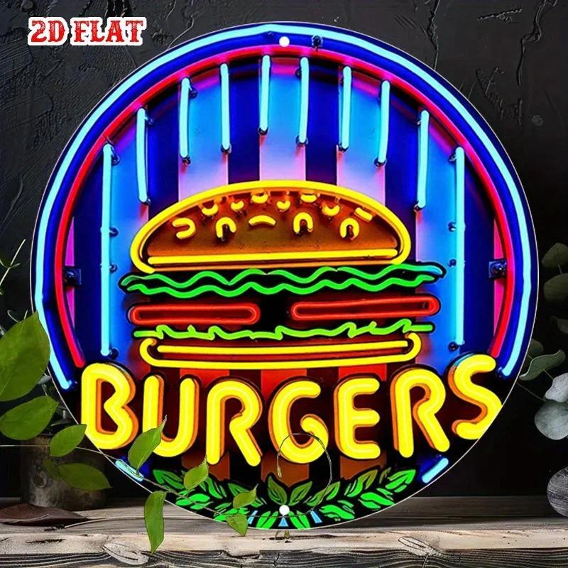 HELLOYOUNG ป้ายเบอร์เกอร์นีออนย้อนยุค Round Metal Wall Art Diner Decor