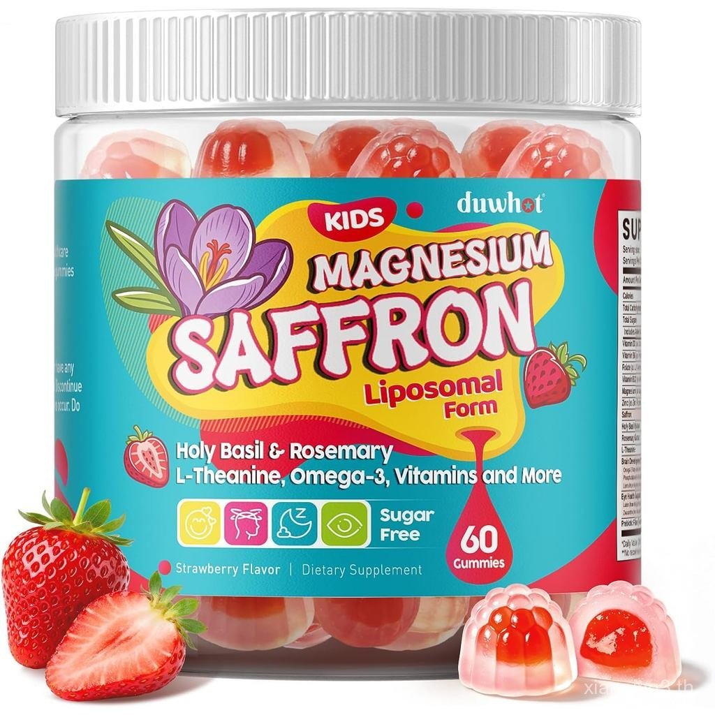 Duwhot Saffron สําหรับเด็ก Gummies Sugar Free, Saffron Magnesium อาหารเสริม w/Holy Basil, Rosemary, Omega-3 & Vitamins for Happy Kids, Brain, Energy & Vision Support, Vegan, Organic,