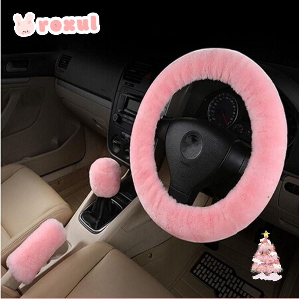 ROXUL 3 ชิ้น Gearshift Handbrake Cover Protector, Plush Warm พวงมาลัยรถ,ฤดูหนาวหนานุ่มรถอุปกรณ์เสริมสําหรับ 14.4.5-15 INCH
