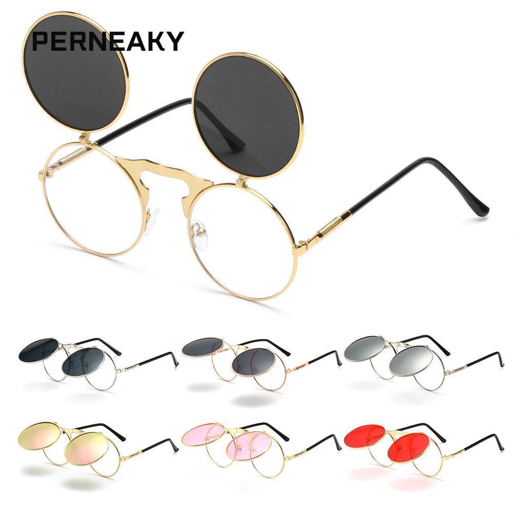 PERNEAKY Steampunk Sun Glasses, Circle Round Flip Up แว่นกันแดด, Cool UV400 Protection 90s Retro Sha