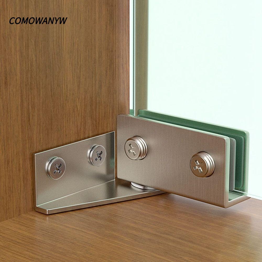 COMWANYW บานพับประตูกระจก 2 ชิ้น, แคลมป์ไร้กรอบโลหะผสมสังกะสีแบบติดด้านข้าง, เฟอร์นิเจอร์ไม่มีการเจาะบานพับประตูตู้ปิดด้วยตนเองตู้กระจก