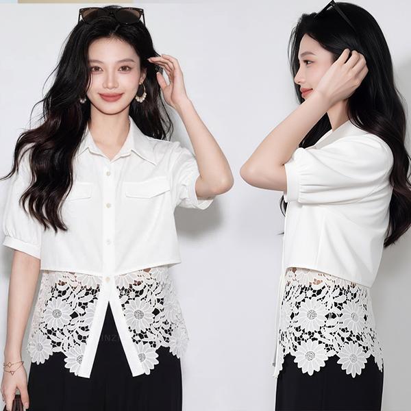 [สินค้าพร้อมส่ง]เสื้อสีขาวหรูหรา ตกแต่งด้วยลูกไม้ ทรงหลวมสำหรับสาวไซส์ใหญ่ ดีไซน์กระชับเอว เหมาะสำหรับผู้หญิง#99408