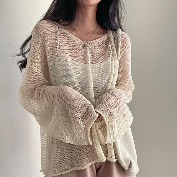 STYLE#เสื้อคลุมสำหรับผู้หญิง แขนยาว คอกลม ผ้าตาข่ายโปร่ง ทรงหลวม เรียบง่าย เซ็กซี่ และมีสไตล์#512