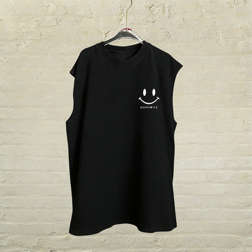 🌷ChillTee🌷 แขนกุด เสื้อกีฬา oversize ผ้าCotton 100% สบายและนุ่ม หลวม เสื้อแขนกุด 'Smile KEEPSMILE' 3XL