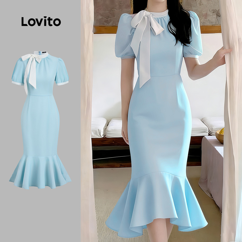 K4-MAR26-L-1-Contrast Color Laced-up Streamer Collar Ruffled Lower Dress-DRK4P1D670