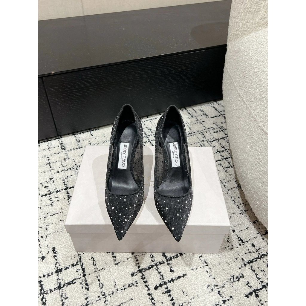 2025.2.19-8.5 ซม.ส้น Jay Choo Jimmy Choo JC Gauze Rhinestone รองเท้าส้นสูงชี้
