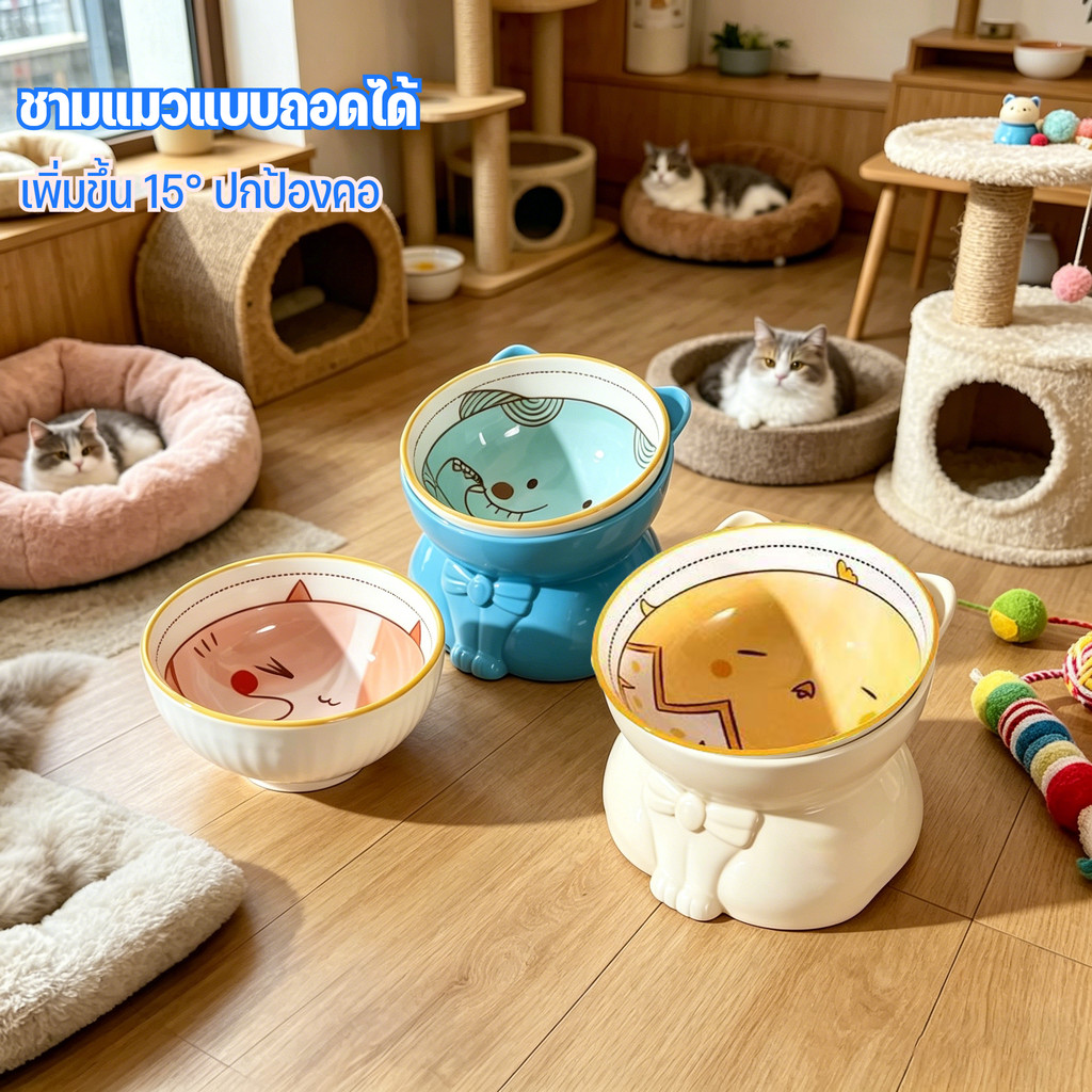 ชามอาหารแมวเซรามิก แบบเอียง ยกสูง ป้องกันอาเจียน ใช้เป็นชามน้ำได้ด้วย สำหรับสัตว์เลี้ยง แมว สุนัข