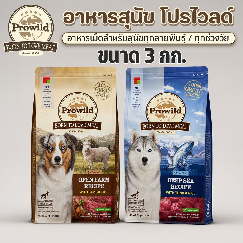 อาหารสุนัข Prowild (มีสูตรเนื้อแกะ,สูตรทูน่า) 3 kg