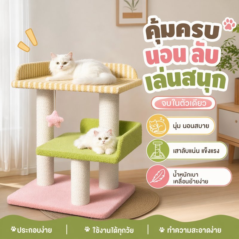 คอนโดแมว ต้นไม้แมว ที่ลับเล็บแมว 3ชั้น บ้านแมว เสาป่าน ของเล่นแขวน ที่นอนแมว ประหยัดพื้นที่