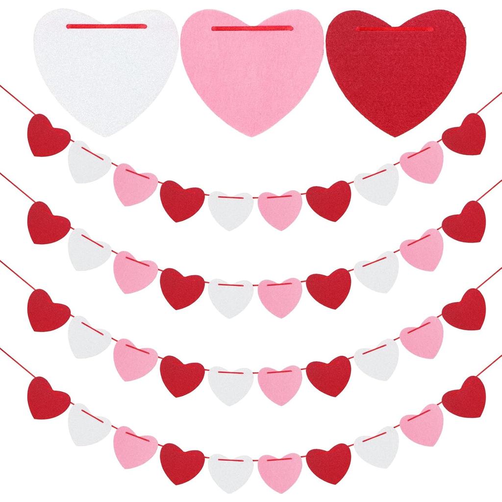Anwyll 4Pack Heart Felt Garland - NO DIY Happy Valentines Day ตกแต่งสีแดงสีชมพูสีขาว Felt Heart แขวน